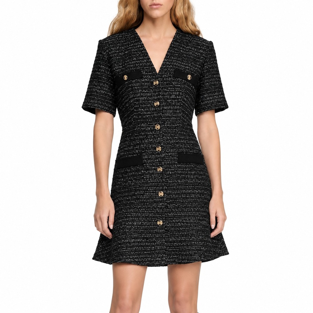 Sandro Gwendoline Tweed Mini Dress Size FR 36 US 4 Black Metallic Gold Buttons